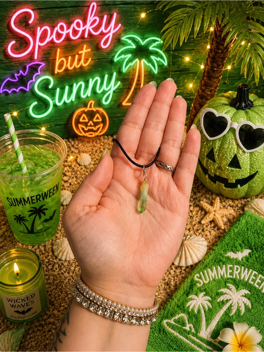 Green Crystal Pendant Necklace - Summerween Vibes